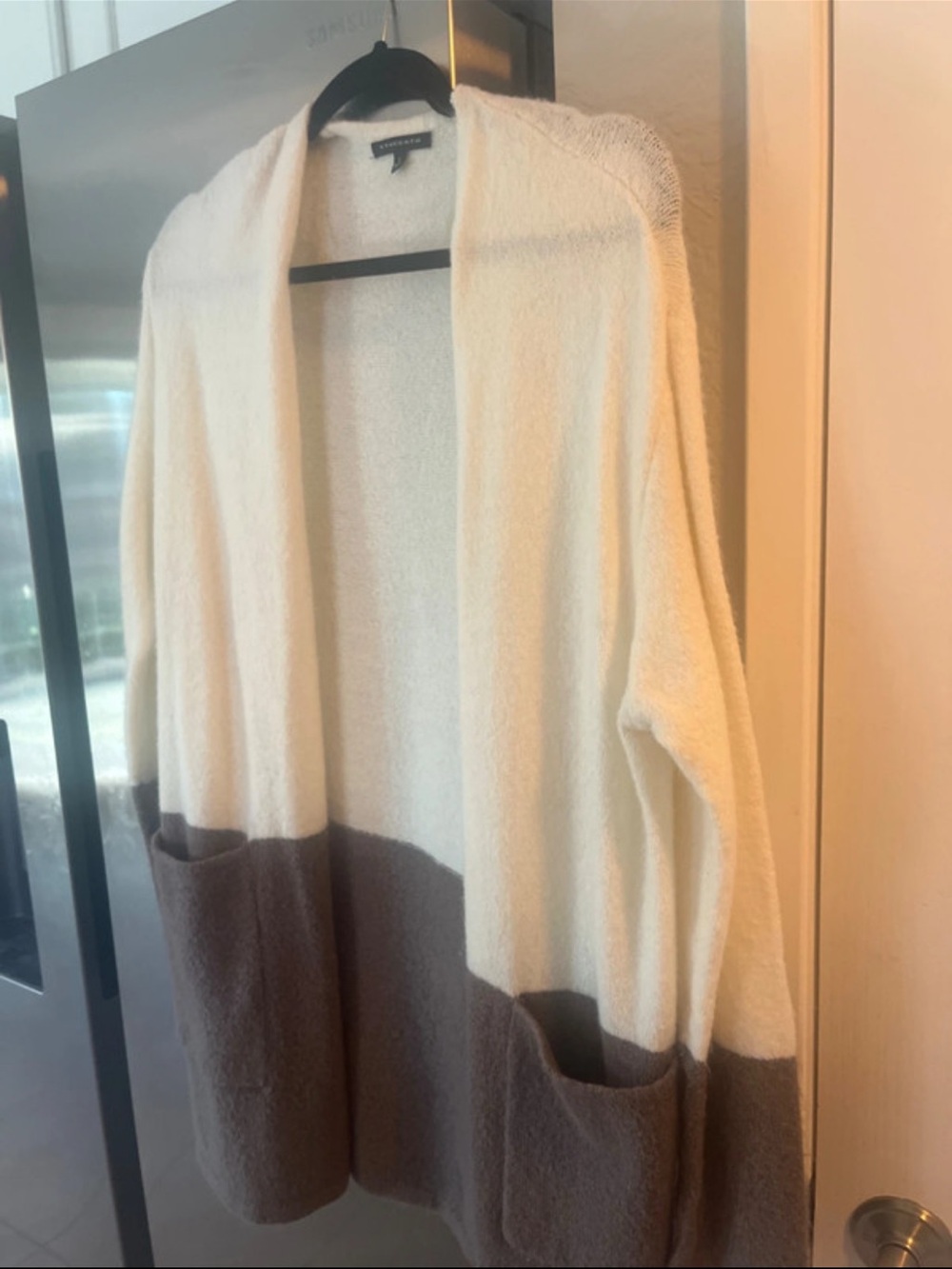 Staccato Cream and Brown Colorblock Open-Front Cardigan
